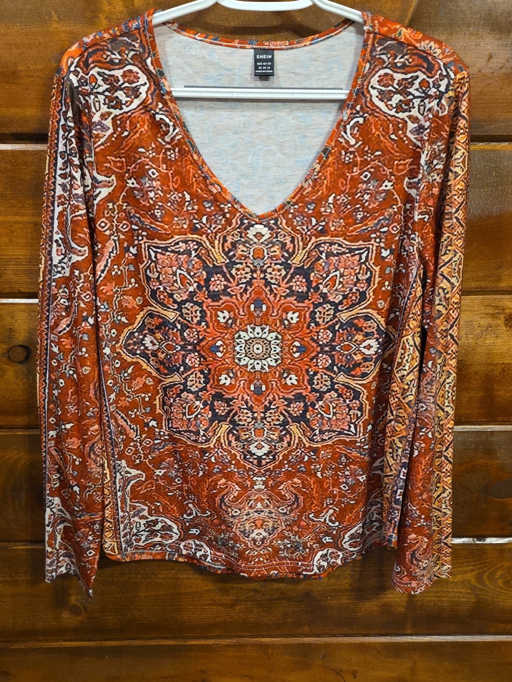 SHEIN Orange Paisley V-Neck Long Sleeve Top